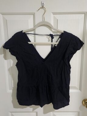 Abercrombie & Fitch Black V-Neck Short Sleeve Linen Blend Peplum Top